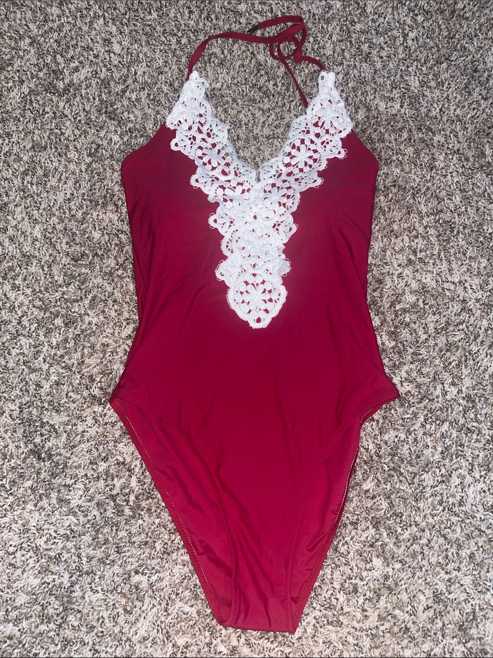 Blooming Jelly Burgundy Halter Bodysuit with White Lace Trim